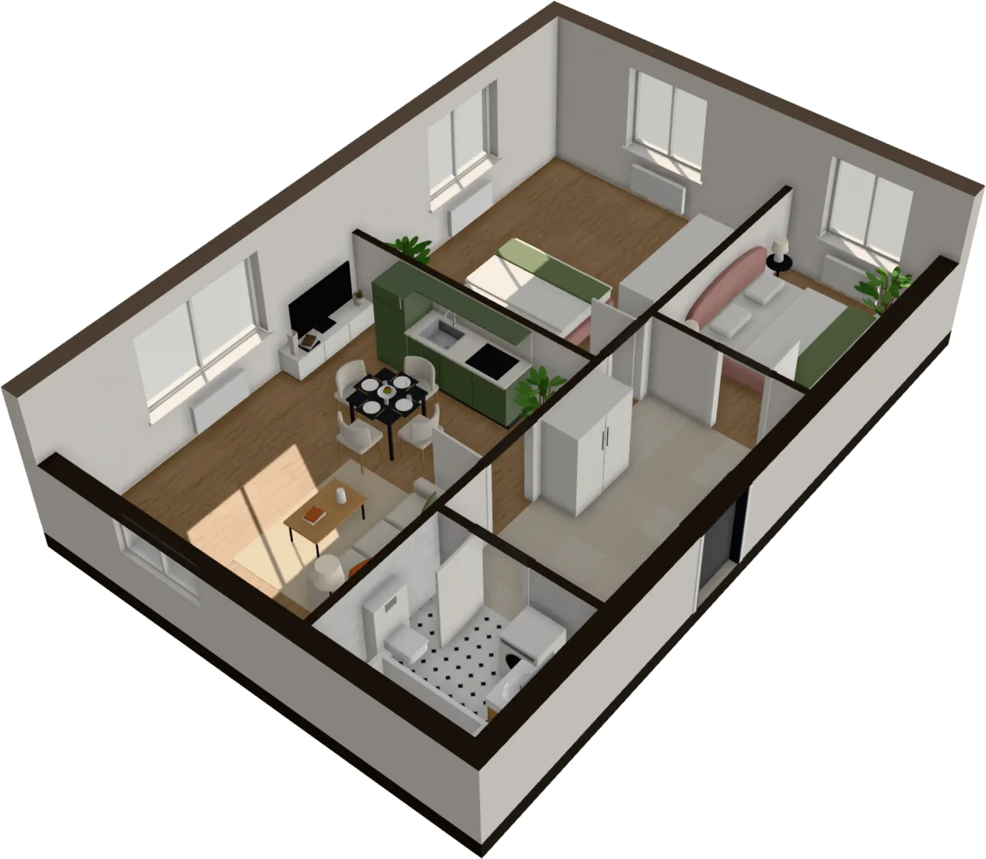The sample two-bedroom flat in 3D, furnished, with the roof taken off