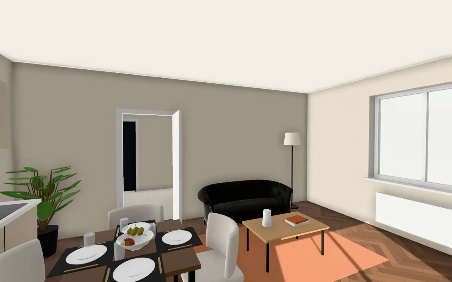 The living room at eye level in the Mocha style
